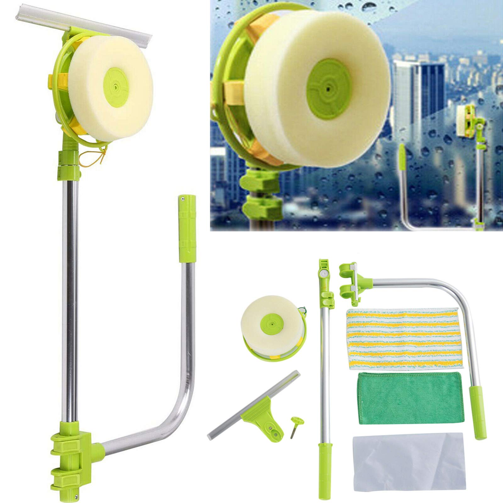 Window Cleaning Tool U Shaped Window Cleaner Brush External Window Washer Cleaning Squeegee with Telescopic Pole, Adjustable Angle, High-rise Window Cleaning Equipment 2 in 1 Shower Wiper