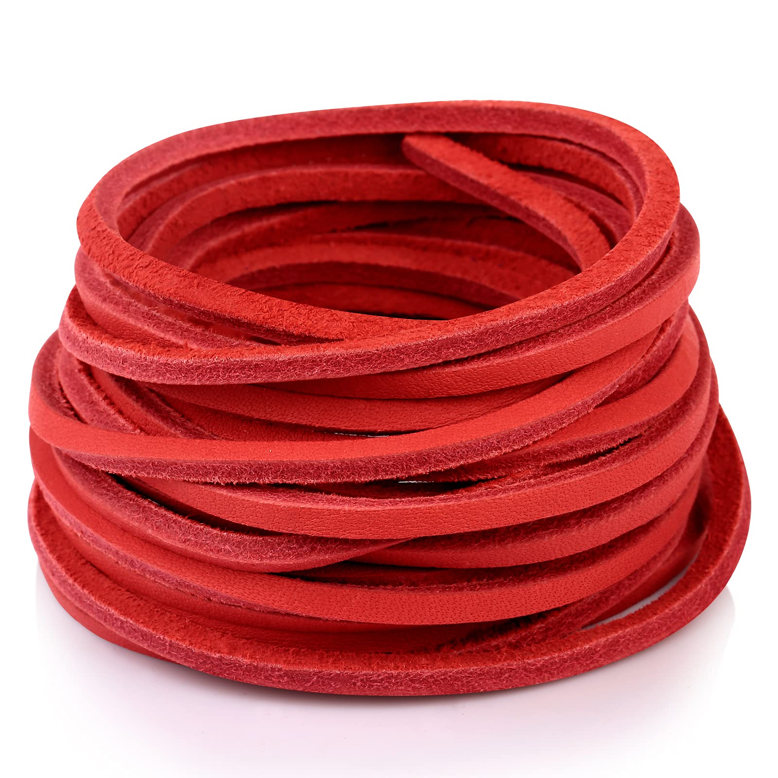 TeeLiy 3MM Genuine Flat Leather Cord Strips Full Grain Leather Lace Laces Rope String Braiding Lacing for Crafts Shoelaces Necklace Jewelry Making (Scarlet Red_5Yards)