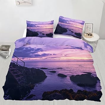 Purple Sky Duvet Cover Queen Ocean View Bedding Set Natural Landscape 3D Printed Room Decoration Quilt Cover Super Soft Bedding 3-Piece Set Suitable for Adults Kids Teenagers