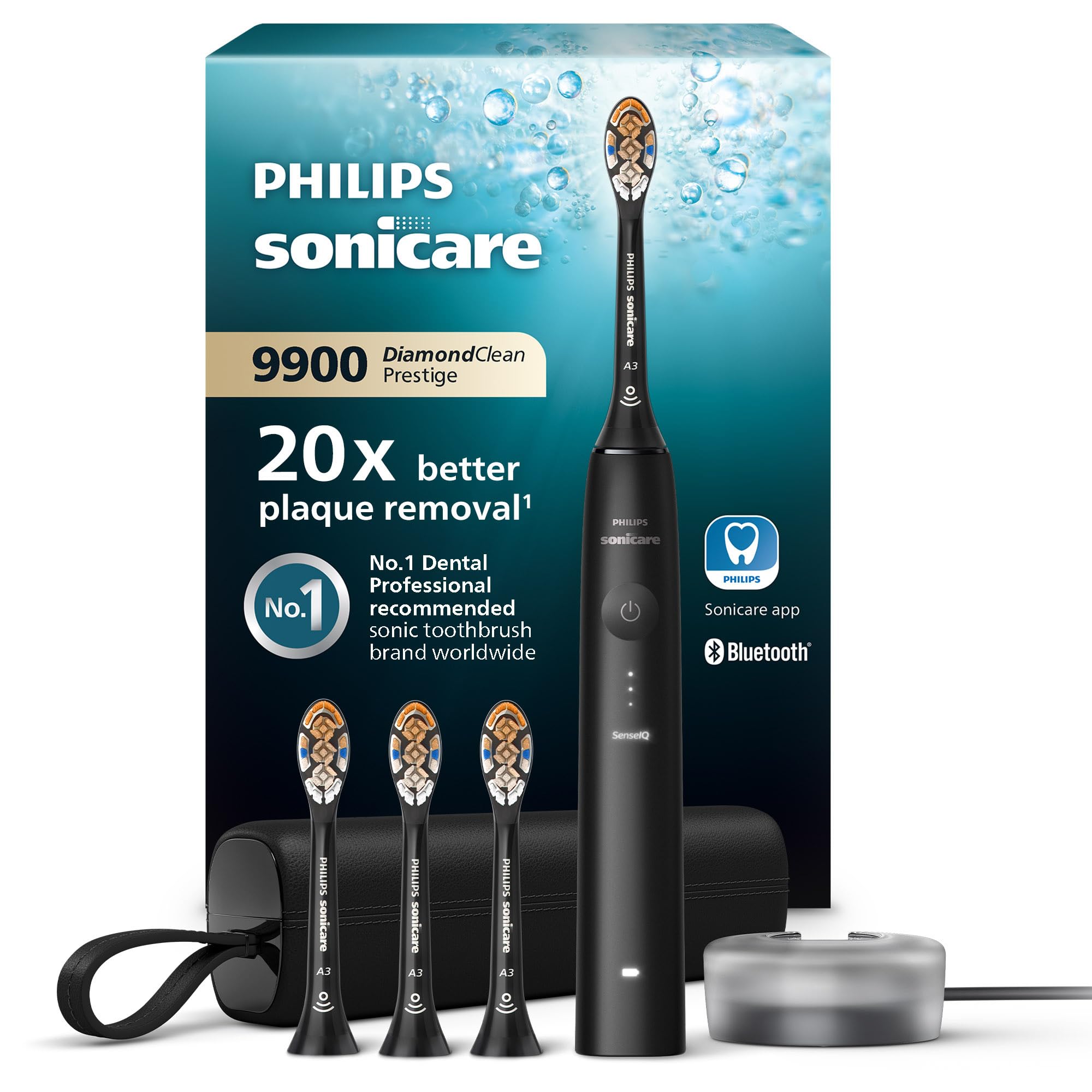 Philips Sonicare DiamondClean 9900 Prestige Elektryczna szczoteczka do zębów z technologią i aplikacją SenseIQ, 5 trybów szczotkowania, etui podróżne do ładowania, kolor czarny, model HX9992/43
