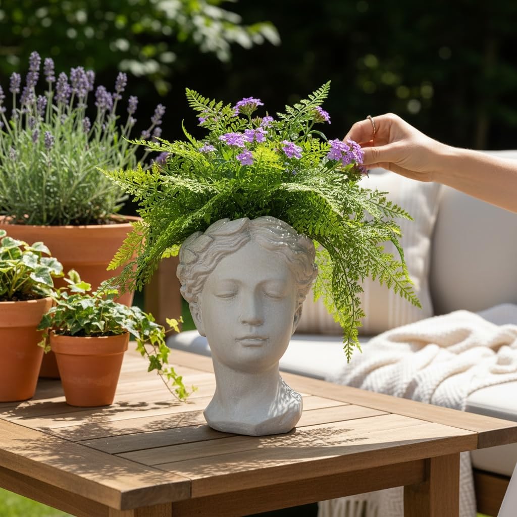 Greek Roman Female Goddess Head Planter Indoor Outdoor Cement Flower Succulent Pot 8.25"
