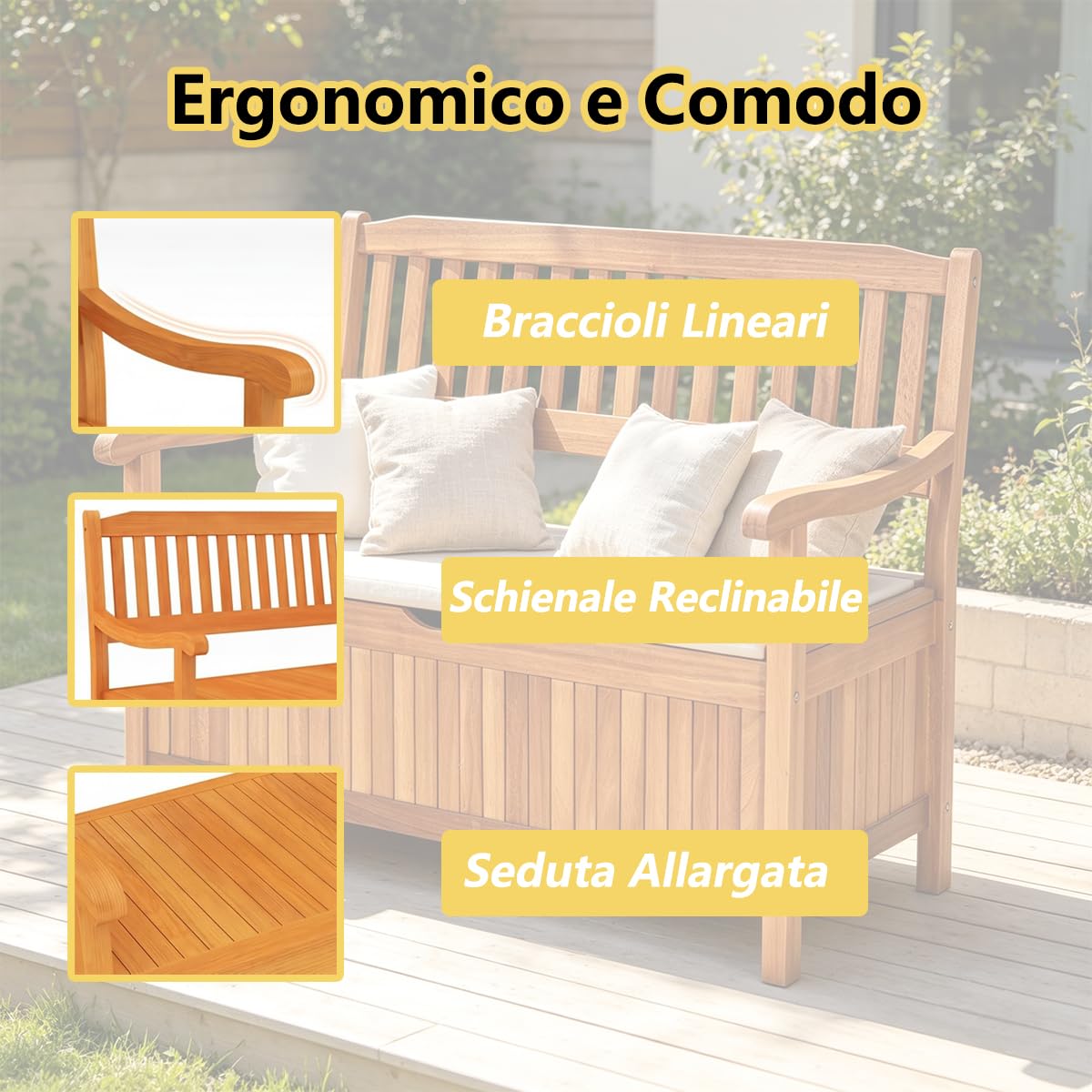 RELAX4LIFE Panchina da Esterno 2 Posti, Panca Contenitore in Legno di Acacia con Cassapanca, Schienale e Braccioli, Strato Interno Impermeabile, Max 360KG per Interno/Giardino (Arancione, 107×59×90cm)