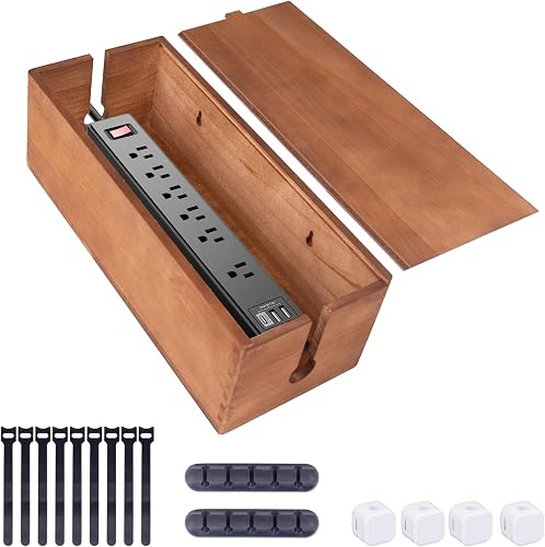 Cable Management Box,Cable Tidy Box for Desk/Home/Office-Cord Organizer Hide Power Strips/Electrical Plugs,Nature Wood Cable Storage & Organizer