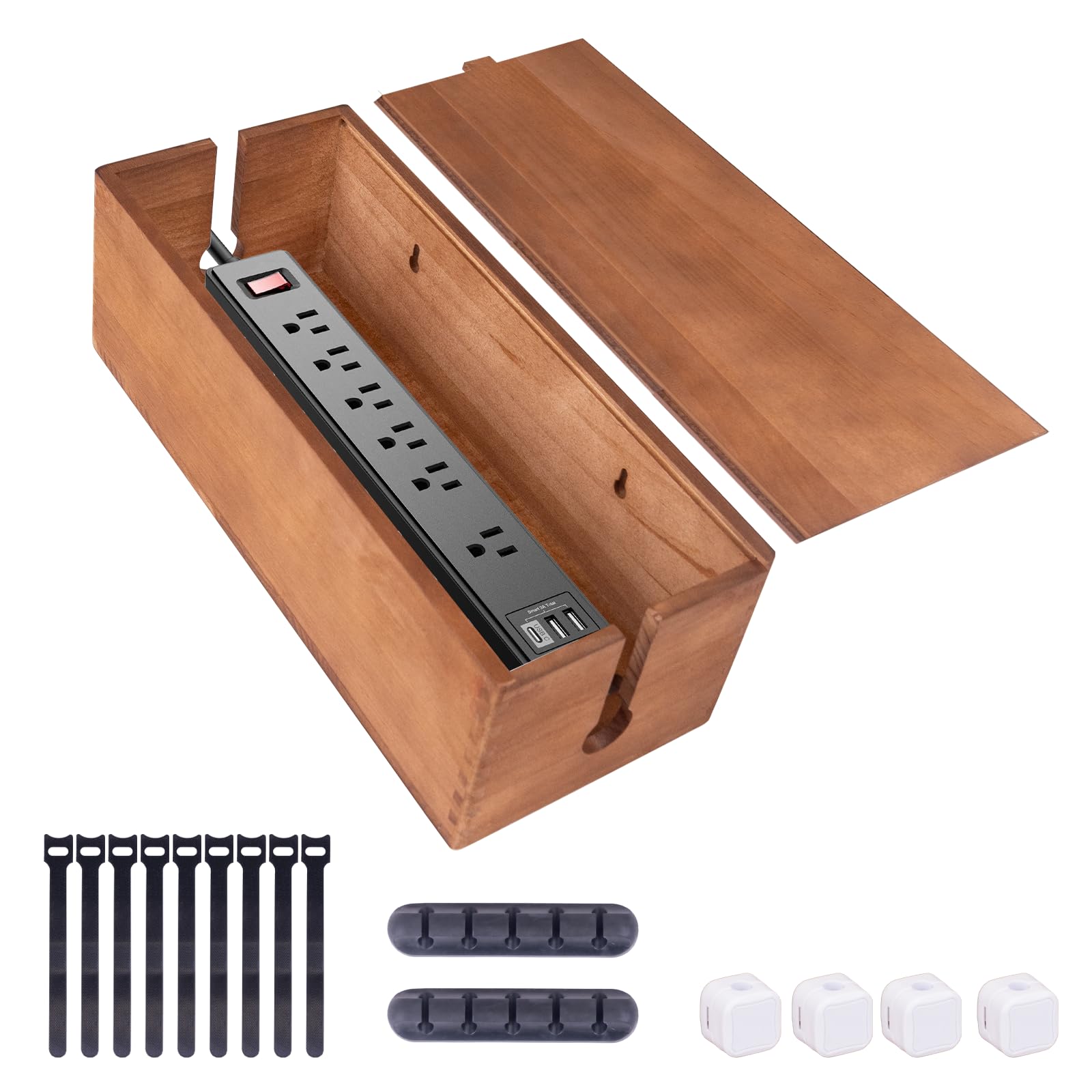 Cable Management Box,Cable Tidy Box for Desk/Home/Office-Cord Organizer Hide Power Strips/Electrical Plugs,Nature Wood Cable Storage & Organizer