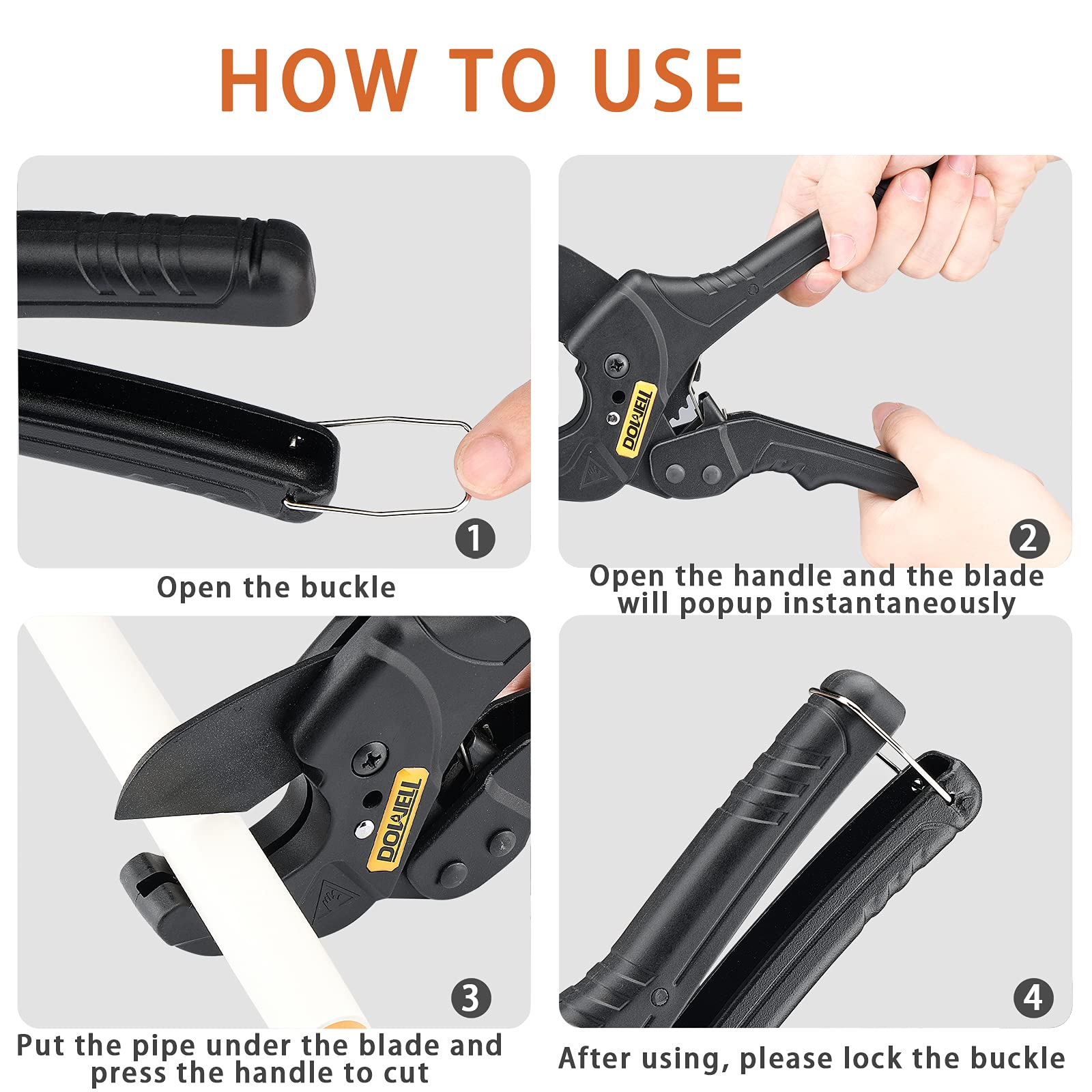 DOWELL PVC Tubo Cutter Ratchet Heavy Duty Teflon Rivestito Lama Acciaio Inox Regolabile 1-5/8 pollici 42mm