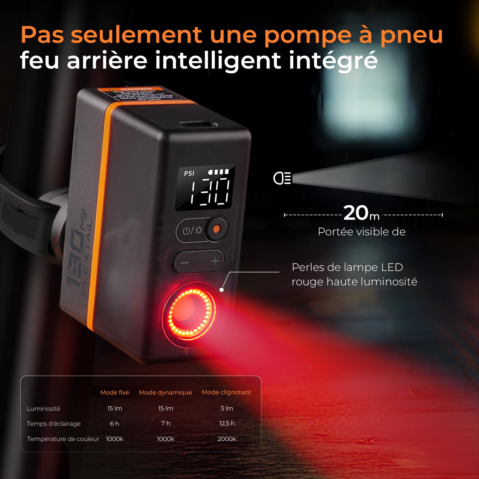 FLEXTAILGEAR Mini pompe à vélo électrique portable 130 PSI avec manomètre et feu arrière, arrêt automatique, valve Presta et Schrader pour vélo électrique, VTT, vélo de ville et de route