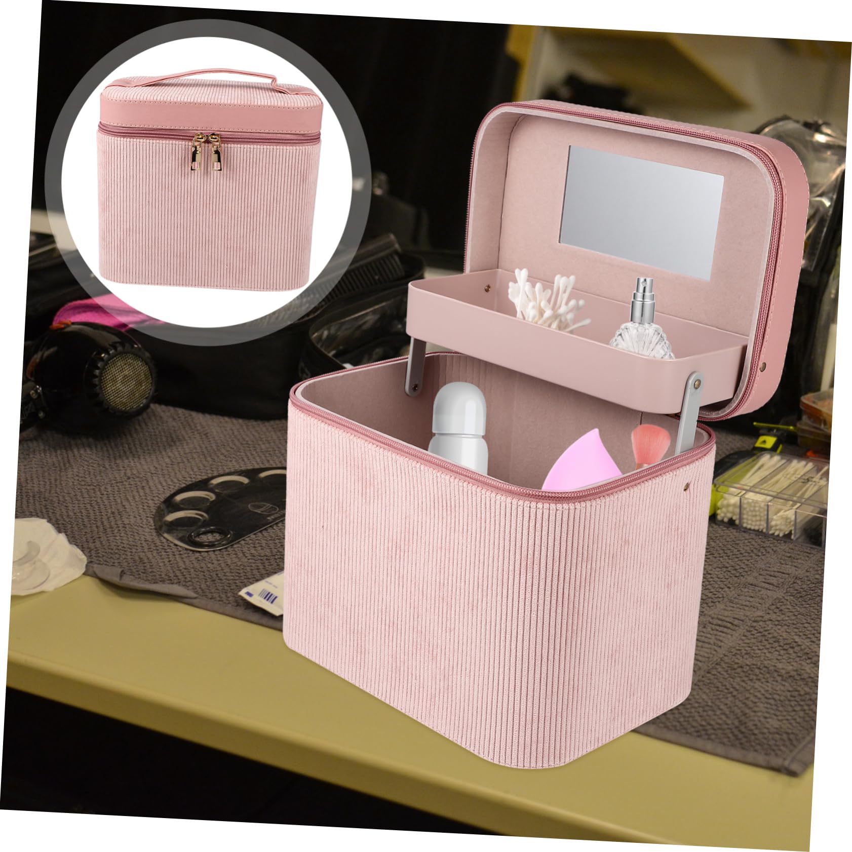 Borsa Toilette Donna da Viaggio in Velluto a Coste Rosa con Doppio Strato e Specchio Portatile per Conservare Cosmetici e Organizzare Trucchi con Stile