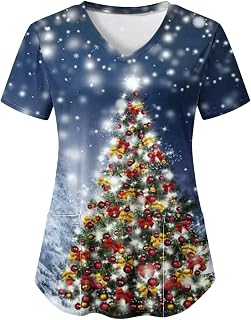 Bourund Xmas Holiday Scrub Tops for Women Christmas Tree Printed Short Sleeve V-Neck Classic Nurse Uniform, with Pockets