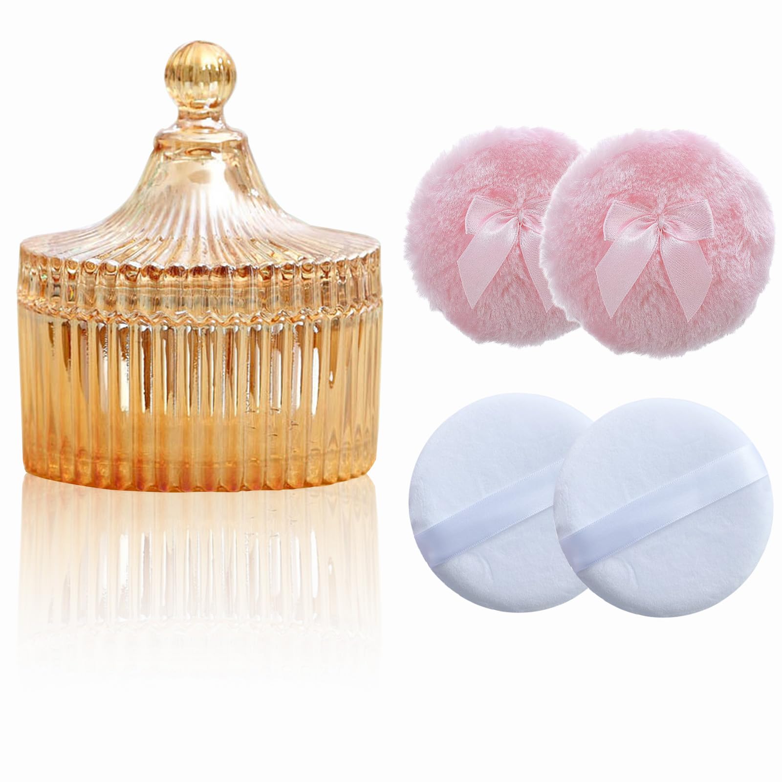 Qopoto 5 Pieces Large Body Powder Puff and Powder Container, Crystal Case for Dust Puff, Powder applicator with Box for Face and Body (Amber, Yurt)