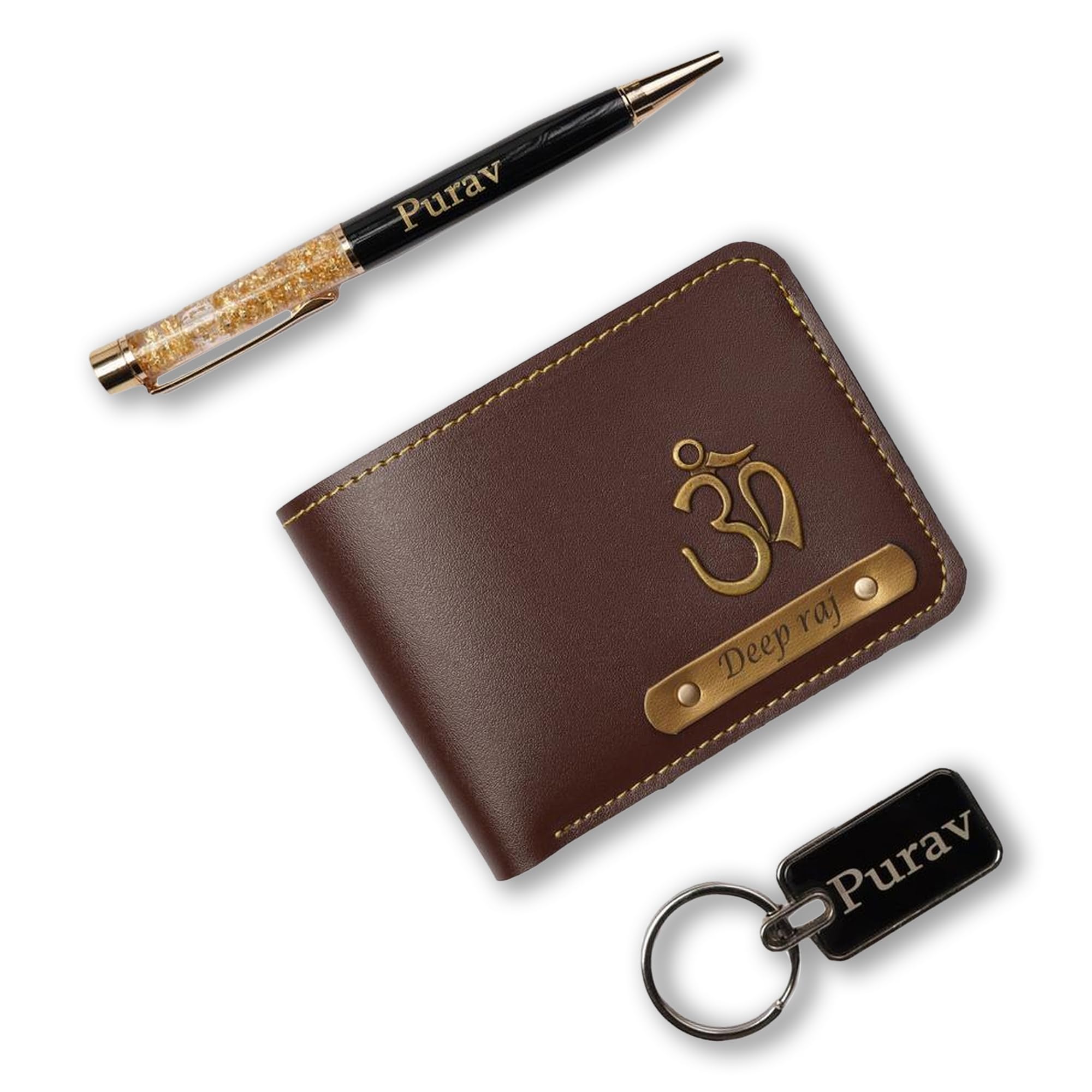 Customised Leather Wallet, Pen and Metal Keychain Set for Men with Name Plate, Brown Personalized Combo Gift Box for Husband, Boyfriend, Birthday, Valentine's -Brown-image-29