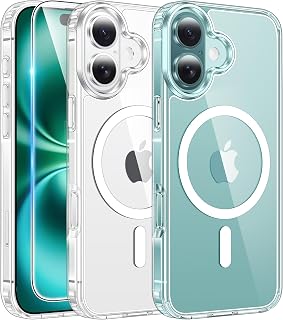 FNTCASE iPhone 16 Clear Case Magnetic MagSafe Compatible: Shockproof Anti-Yellowing 10FT Drop Protection with Screen Protector
