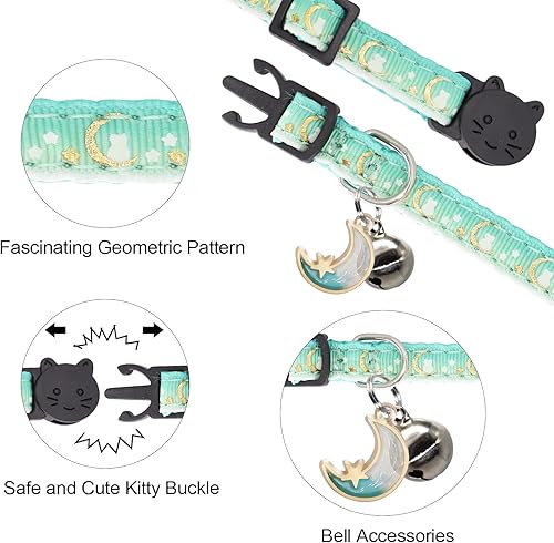 Miniatura 8 de Giecooh Paquete de 2 collares de gato con campanas, collares de seguridad ajustables con luna y estrella para niños y niñas, negro + azul