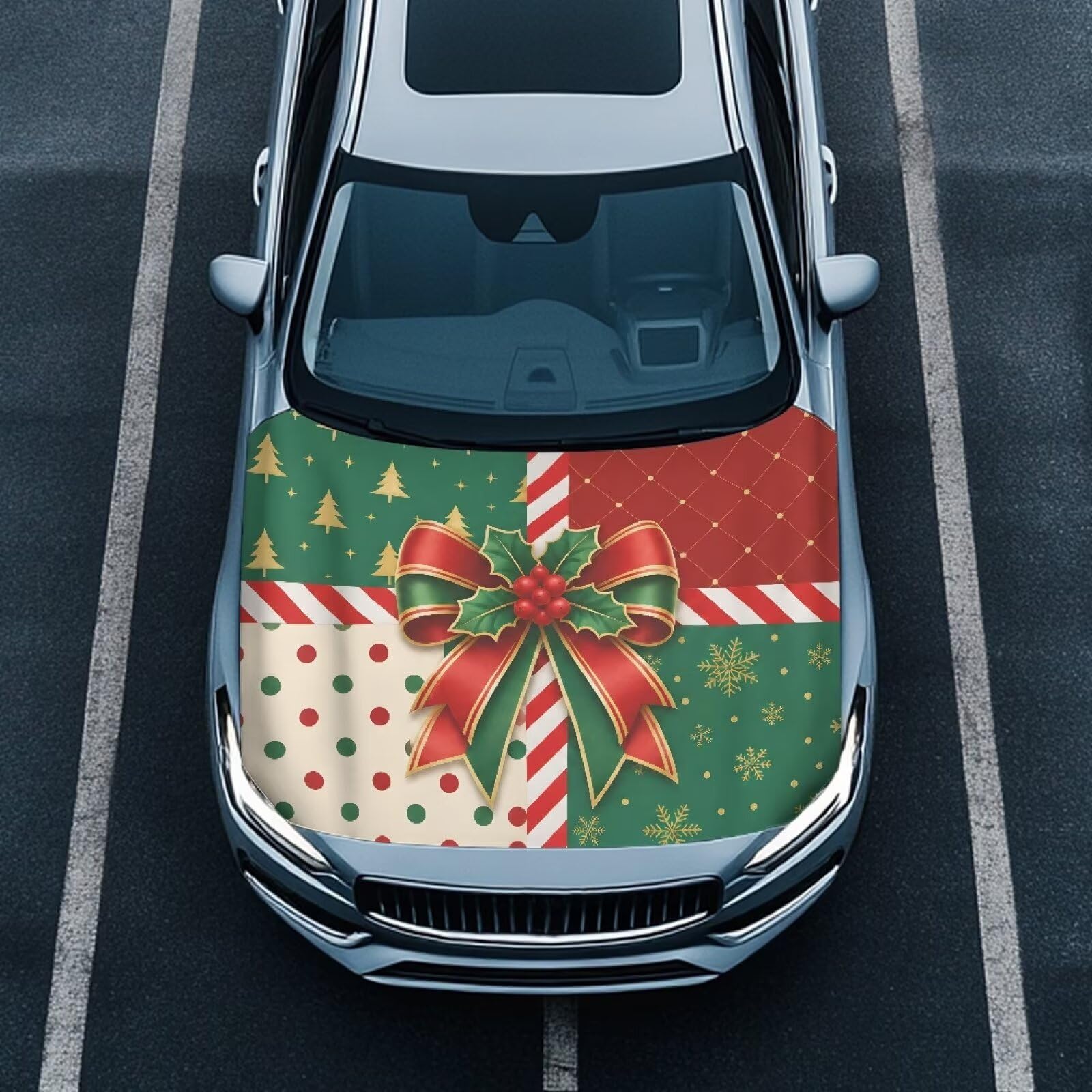 Renewold Car Hood Cover for Automobile Fit Most Sedan Christmas Bow Holly