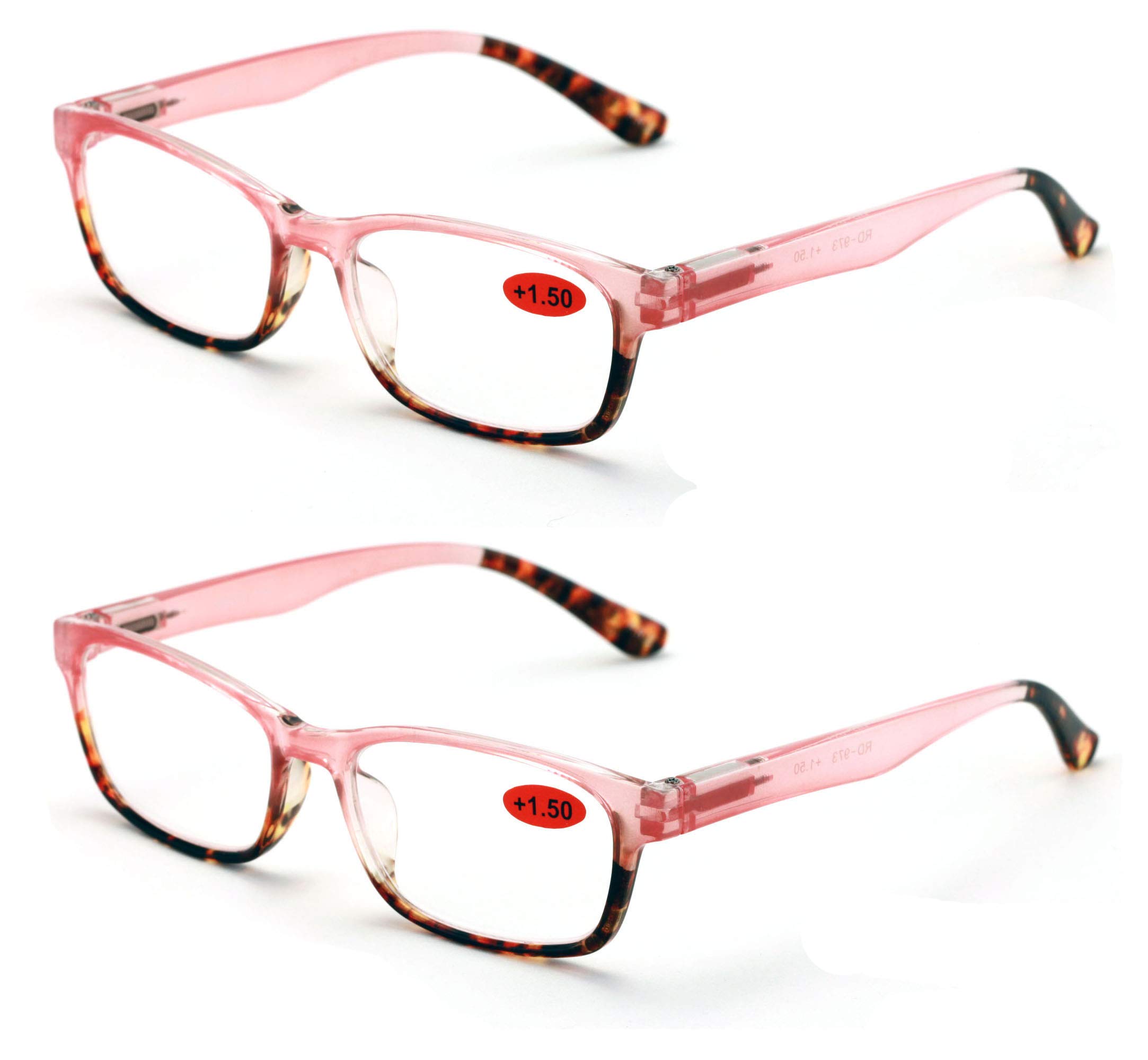 V.W.E. 2 Paare Von Klassischen Rechteck-Lesern Mit Federscharnieren Halb Durchscheinend Schildkröte Lesebrille (Pink, 1,50)