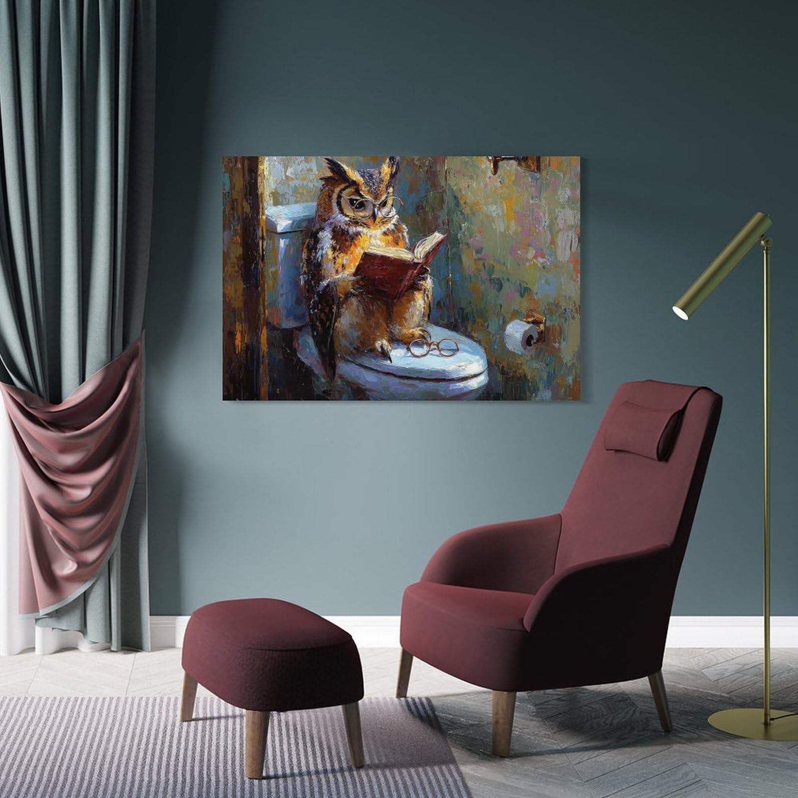 Junmoney Owl Reading on Toilet Canvas Wall Picture, 24x36inch(60x90cm), for Flats, Guest Rooms Or Compact Rooms, An Easy Choice for New Home Styling