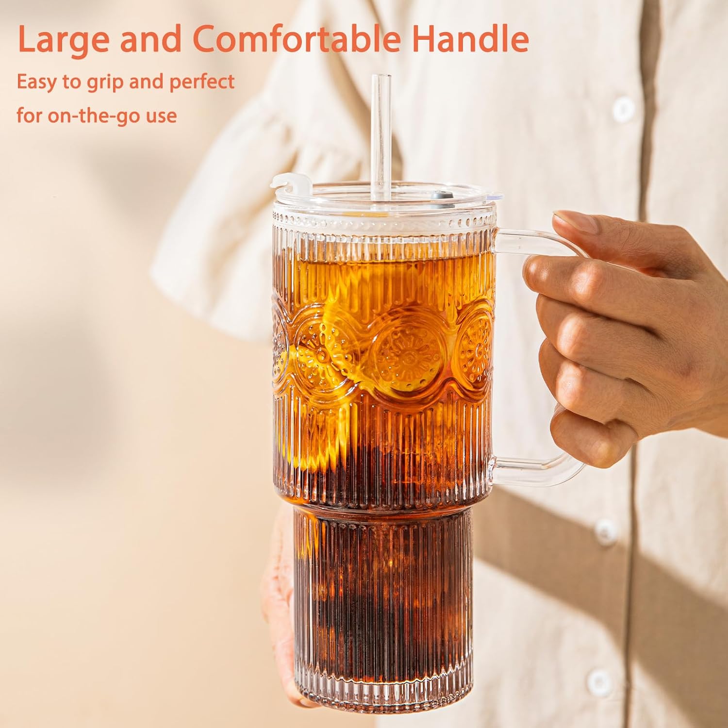 26oz Ribbed & Floral Glass Tumbler with Handle, Reusable Iced Coffee Tumbler with Lid & Straw for Hot & Cold Drinks – Perfect for Coffee, Smoothies, Matcha, Whiskey (Set of 1) - Image 5
