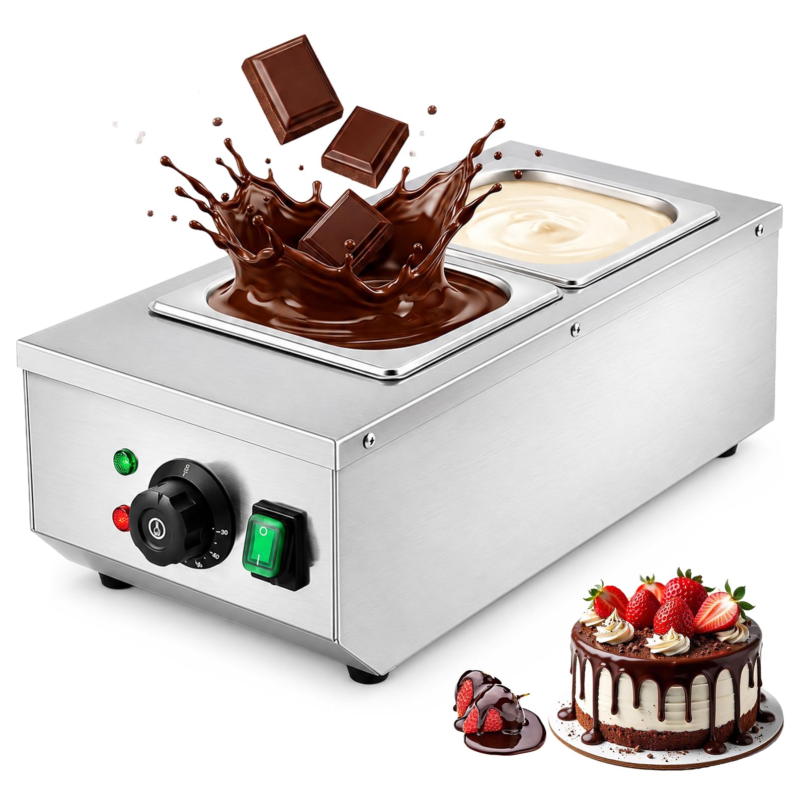 Tempéreuse à Chocolat Commerciale 800 W, Fondoir à Chocolat en Acier Inoxydable, Bain-Marie Électrique à 2 Cuves 1,5 L, Température Réglable 30-80°C, Pour Chocolat Beurre Crème Lait