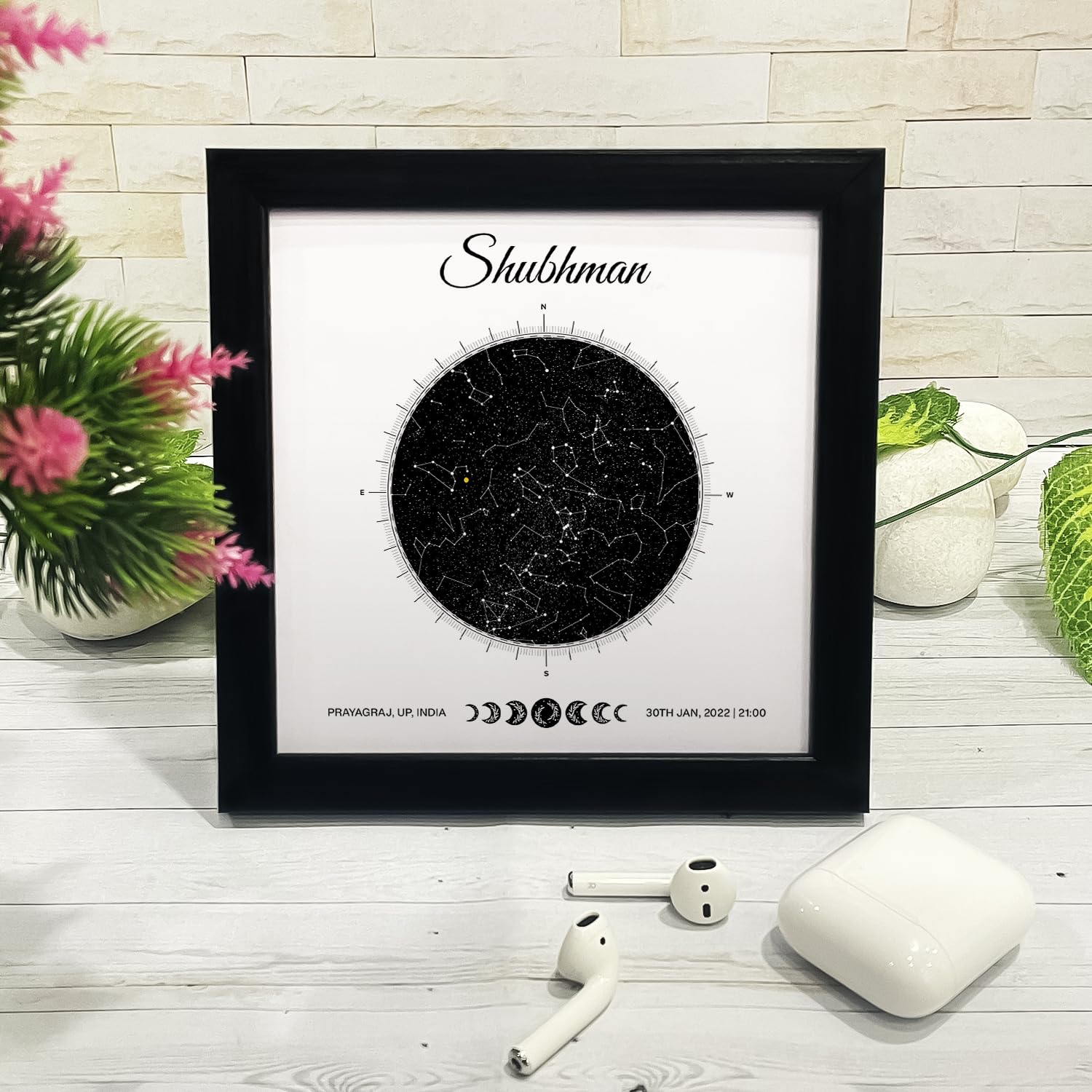 Ritwika's Personalized Zodiac And Starmap Position For Special Day, Customized Constellations | Asterism With Your Place And Date | Print with Frame | Size 17 x 17 CM, Set of 1 (Black & White)