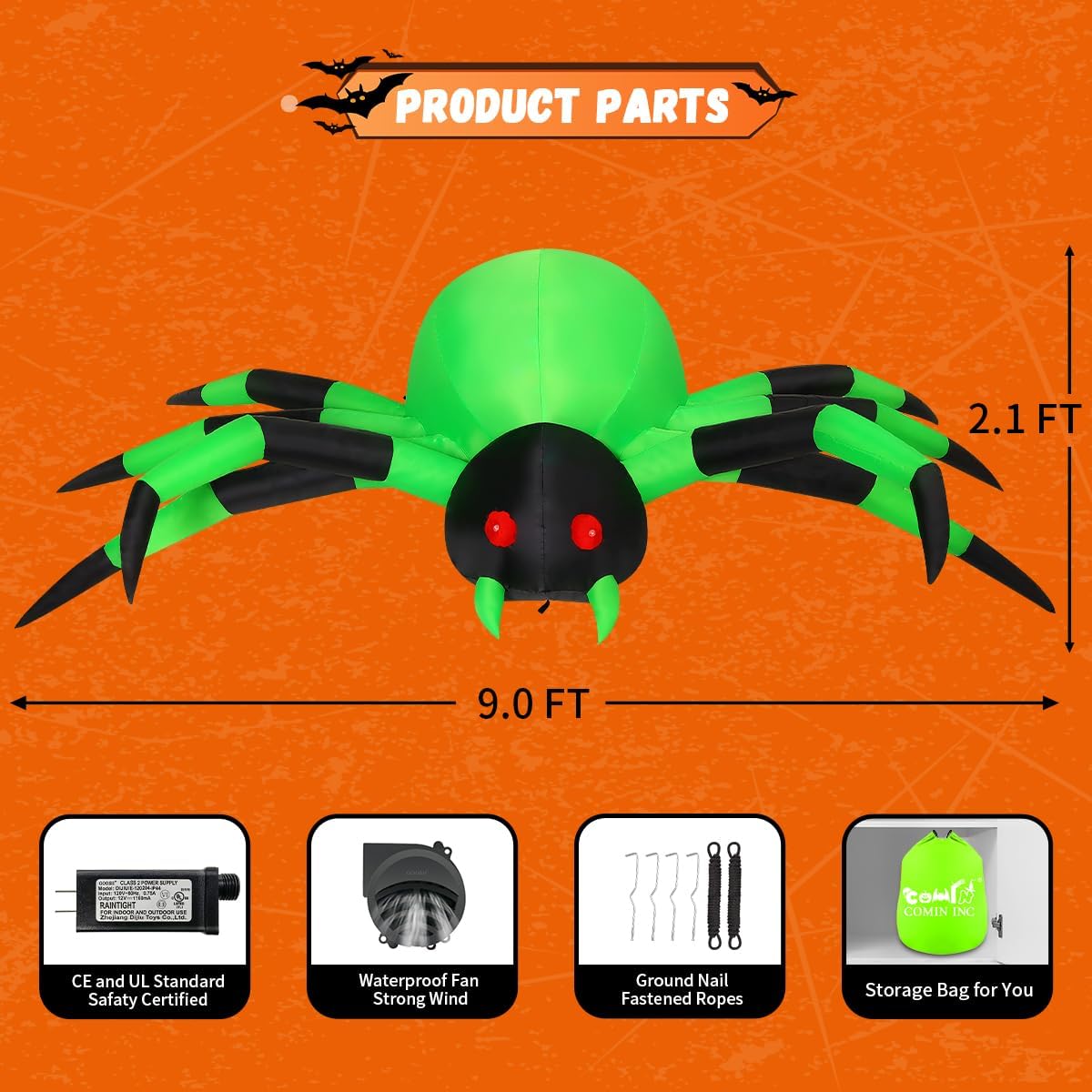 COMIN 9FT Width Halloween Inflatables Outdoor Decorations Spider Blow Up Yard Decoration with Built-in LED for Yard Garden Party Lawn (Green)