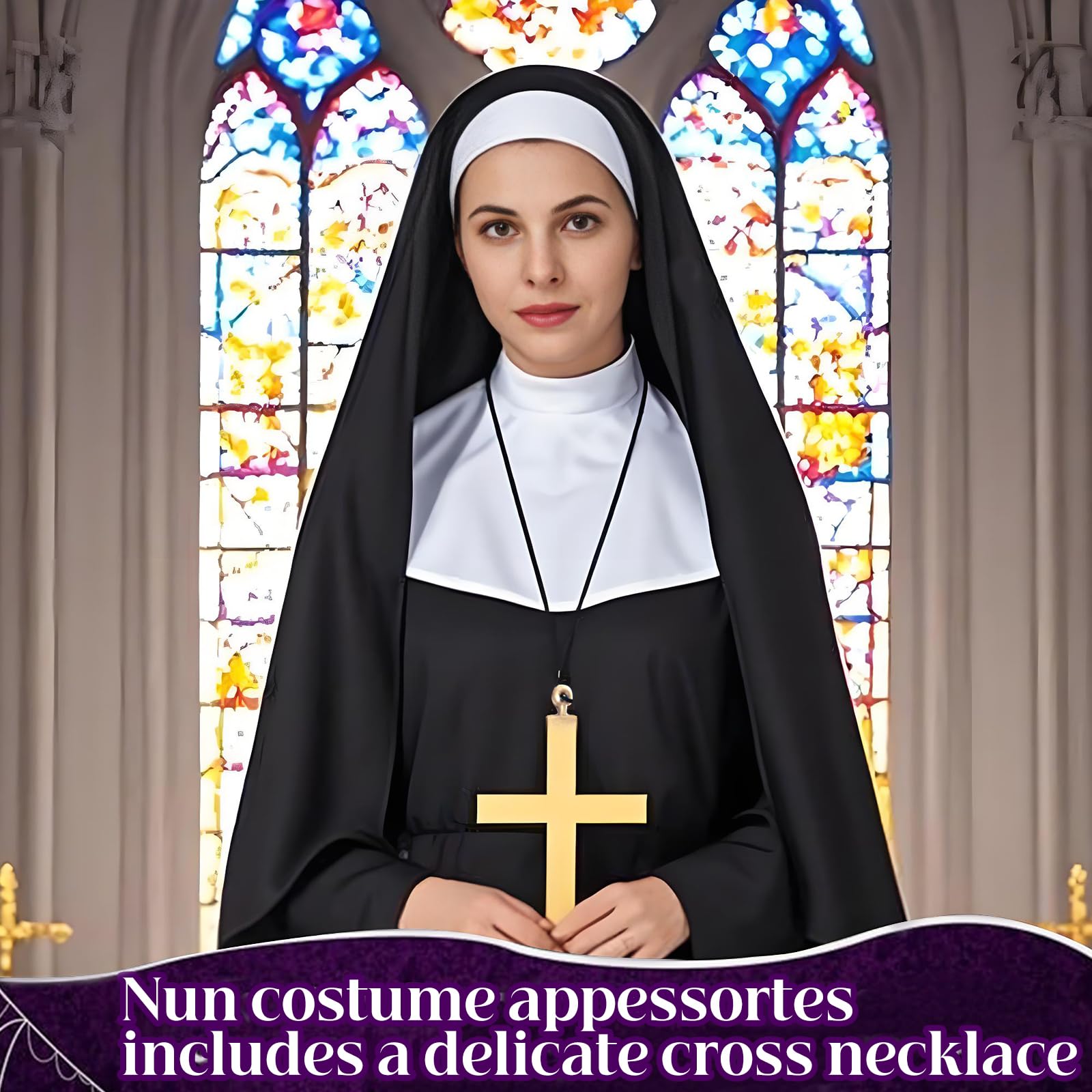 3 Pieces Halloween Nun Costume Accessories Include Nun Headpiece - Image 4