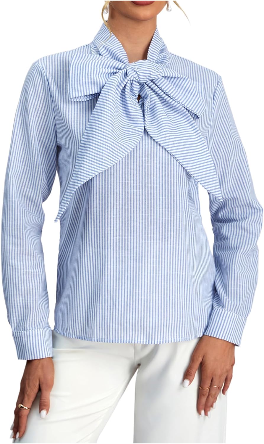 Women's Striped Bow Tie Neck Long Sleeve Shirt Work Office Elegant Blouse