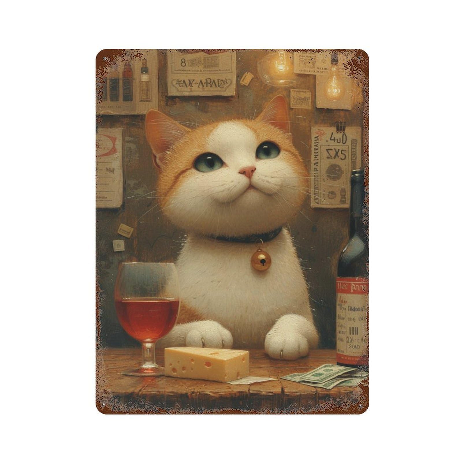 Retro Metal Sign with Cat with Cheese And Wine Design 15.7"x11.8", for Shed, Workshop And Garage Wall Decor, Old School Wall Decor