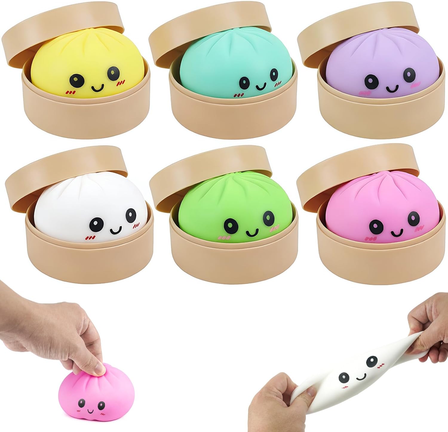 6PCS Dumplings Squishies, Dumpling Squeeze with Smile, Stress Relief Anxiety Squeeze Toys with Food Steamer, for Birthday Gifts, Party Favors, Classroom Prizes, Easter Basket Stuffers