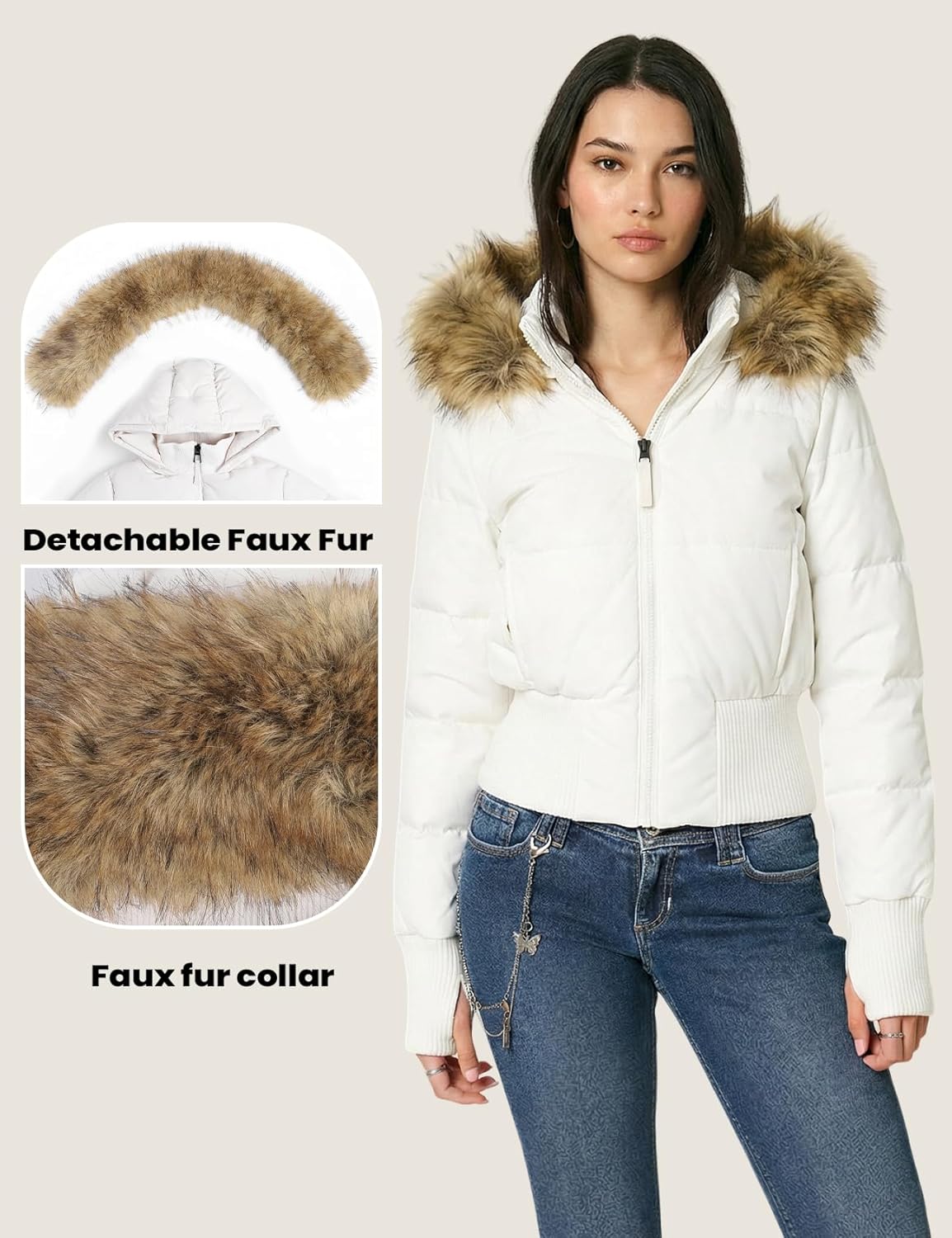 Yimoon Women's Cropped Puffer Jacket Winter Warm Quilted Jacket Faux Fur Hooded Puffer Bomber Padded Coat - Image 4