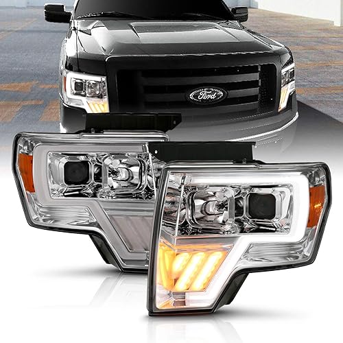 AmeriLite Chrome Projector Headlights LED Halo Bar Turn Signal Set For Ford F-150 - Passenger and Driver Side