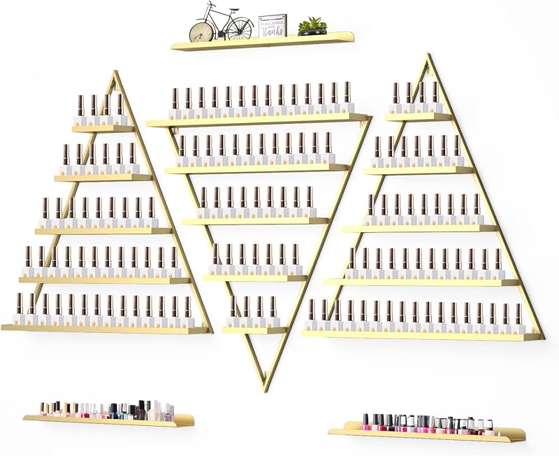 Estante de parede metálico Lorvain para esmaltes, triangular dourado, 5 níveis, pacote com 3 suportes