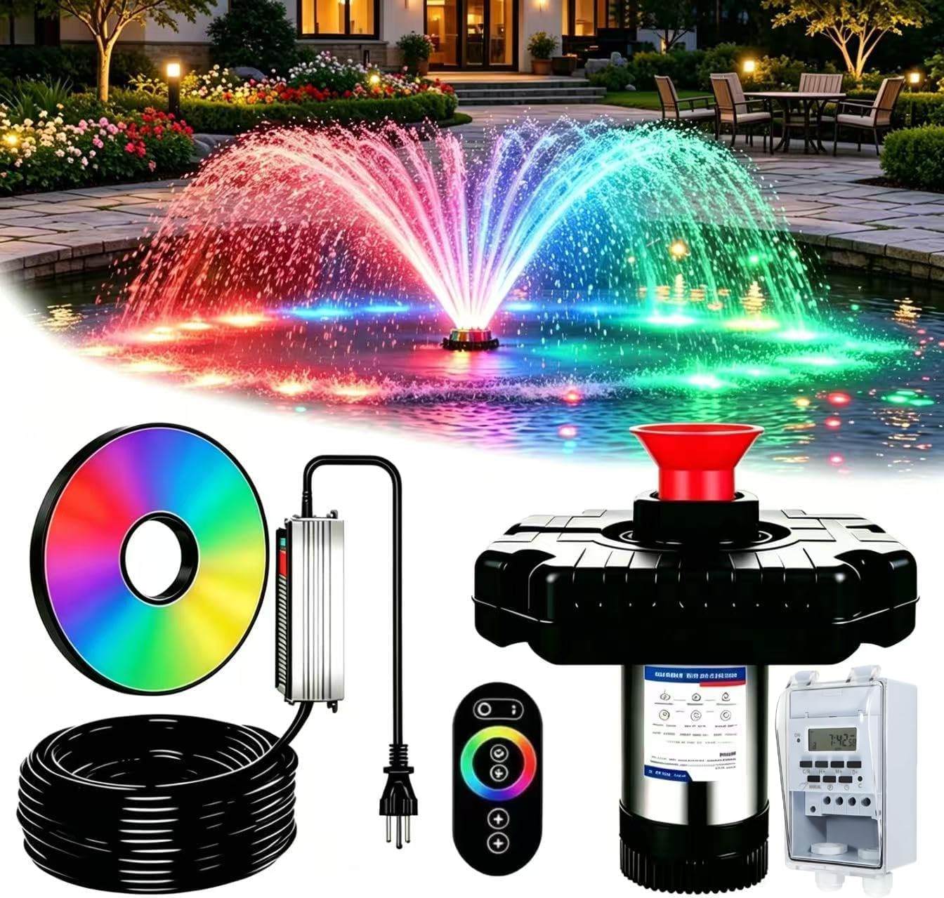 Pond Fountain Aerator,Pond Aerator,with Dynamic LED RGB Lighting Adjustable Modes, Digital Timer | 1 HP 15,000 GPH, 750W 110V, 100FT Cord - for Large Ponds, Lakes &amp; Outdoor Water Features