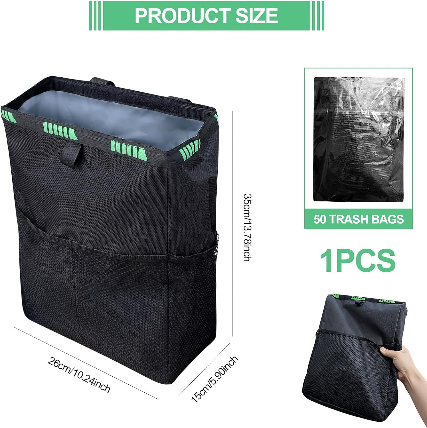 Car Bin Waterproof Including 50 Bin Liners, Large Car Waste Bin (35 x 26 x 15 cm) with Fastening, Car Organiser Back Seat with 4 Mesh Pockets, Leak-Proof Made of Oxford Fabric (Black/Green) image 2
