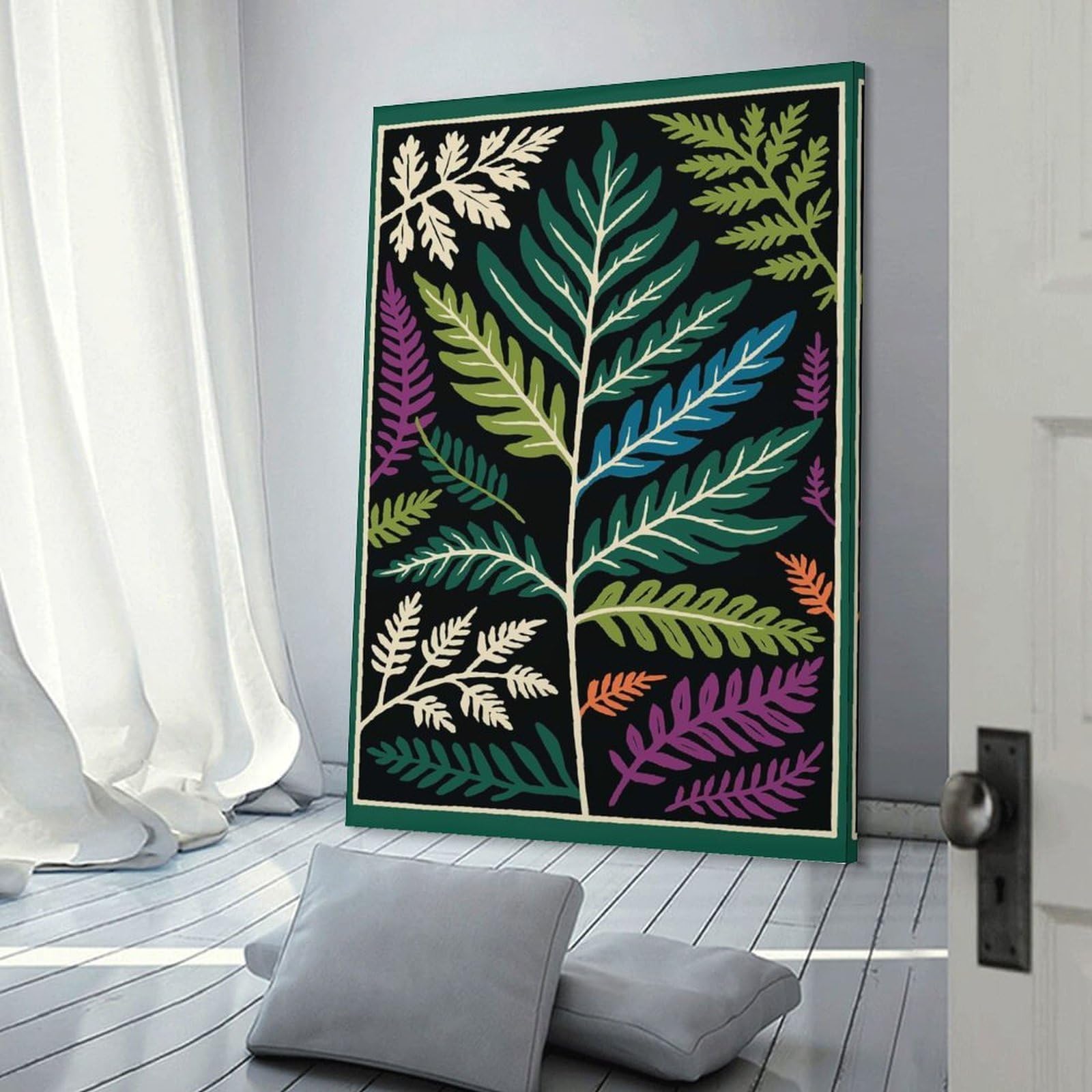 Junmoney Ferns on Black Background Canvas Wall Picture, 24x36inch(60x90cm), for Picture Wall Styling in Lounge Or Bedroom, An Easy Match for Collected Prints