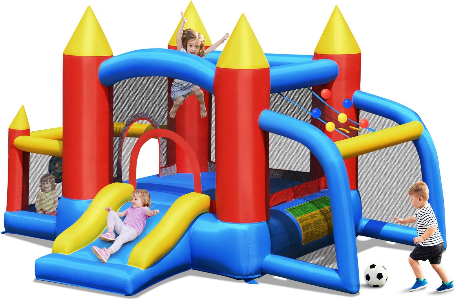Inflatable Bounce House, Bouncy House for Kids Outdoor w/Slide, Soccer Goal, Extra Thick, Toddler Indoor Jumper Bouncy Castle Bounce House for Birthday Party