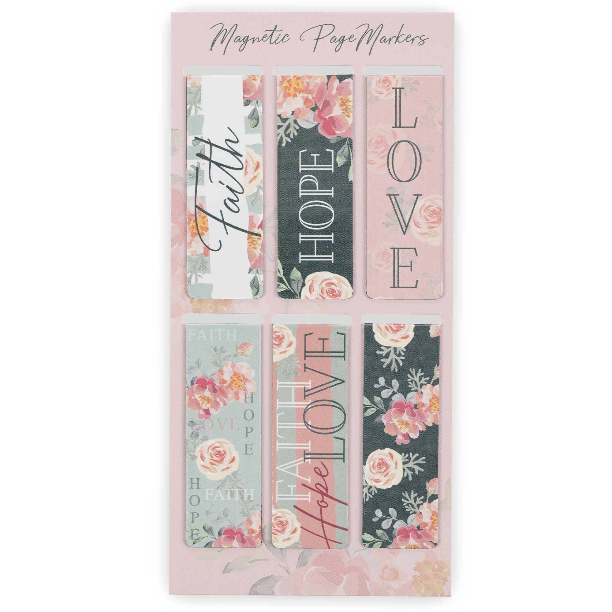Christian Art Gifts Set of 6 Faith Hope Love w/Pink Roses Inspirational Magnetic Bible Verse Bookmark with Scripture, Size Small 2.3" x .75"