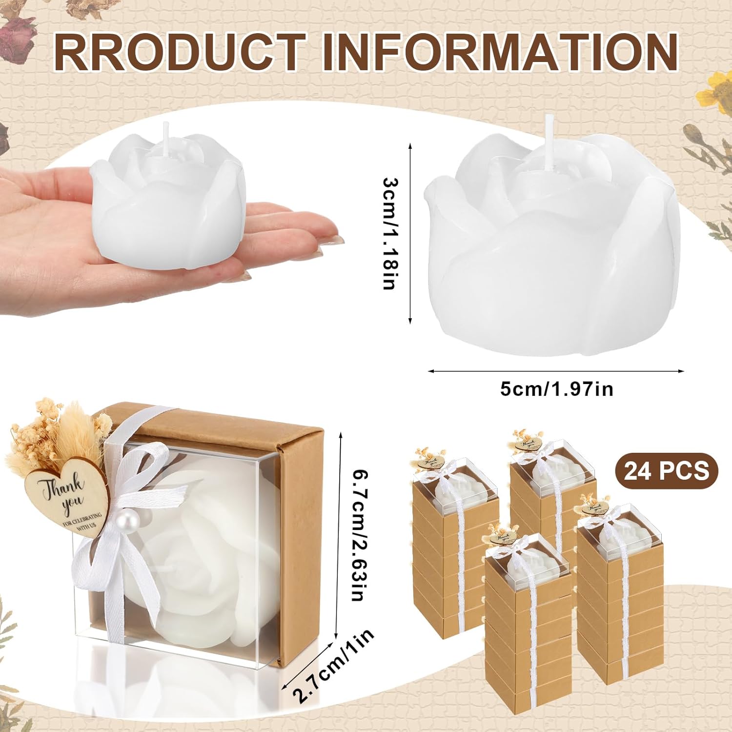 24 Sets Christmas Rose Candles Scented with Dried Flower Holiday Candle Gifts Mini White Rose Petal Gift Set for Christmas Decoration Thanksgiving Bridal Shower Birthday Party Favors