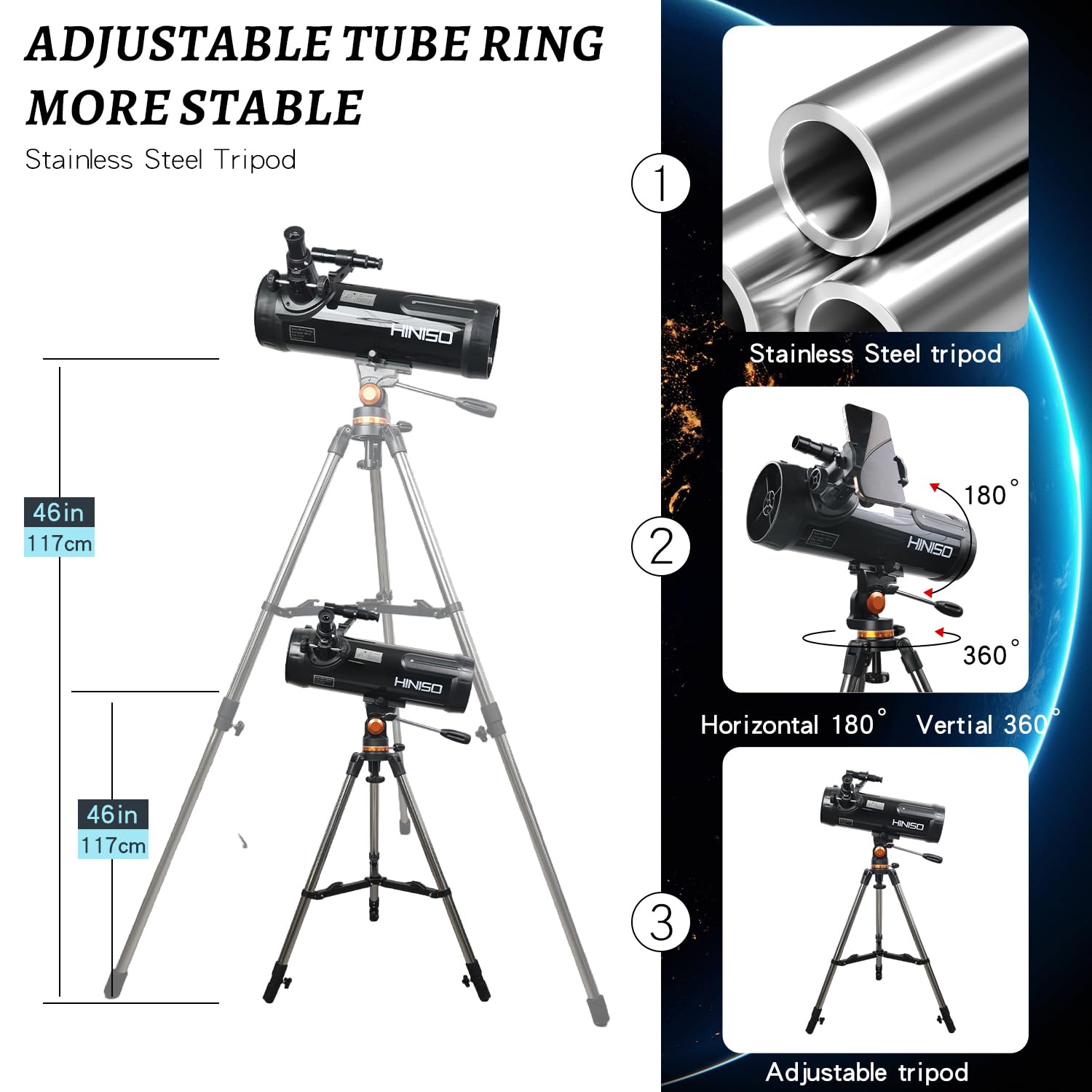 HINISO 114AZ Astronomical Telescope for Adults, Beginners & Students 114mm Reflector 1000mm Focal Length 40x–200x Magnification P.L. Series Eyepiece Bluetooth Remote, Phone Adapter & Tripod Included — Amazon image 6