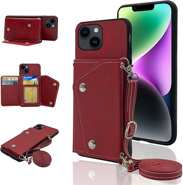 Compatible with iPhone 14 Pro Max 6.7 inch Wallet Cover with Crossbody Shoulder Strap and Stand Leather Credit Card Holder Cell Phone Cover for iPhone14Max 5G i i-Phone i14 iPhone14 14Max Women-Red