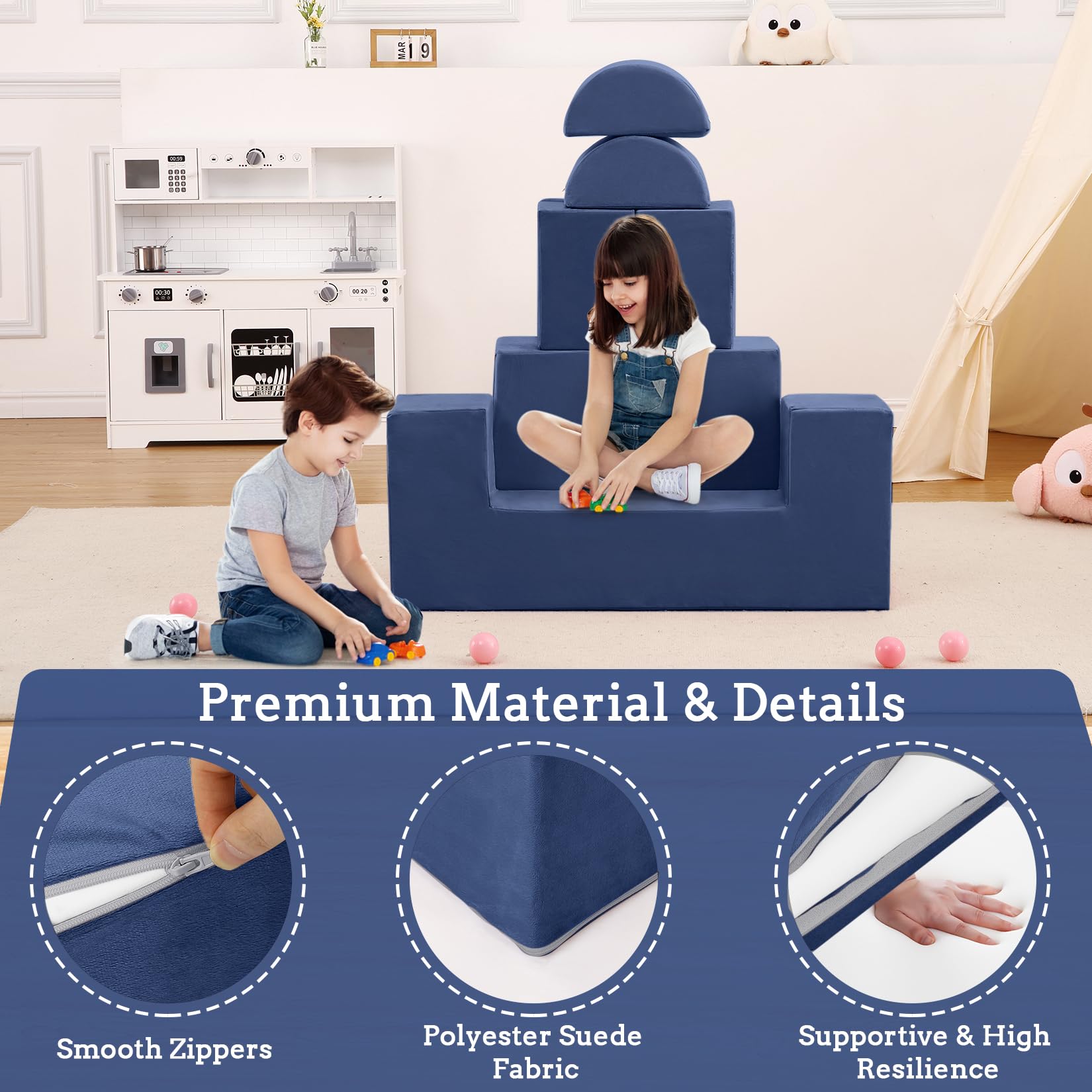 Sofá Modular para Niños de 6 Piezas, con Piezas Semicirculares para Montaje, Azul, para Habitación Infantil, Sala de Juegos y Dormitorio, 100 x 40 cm