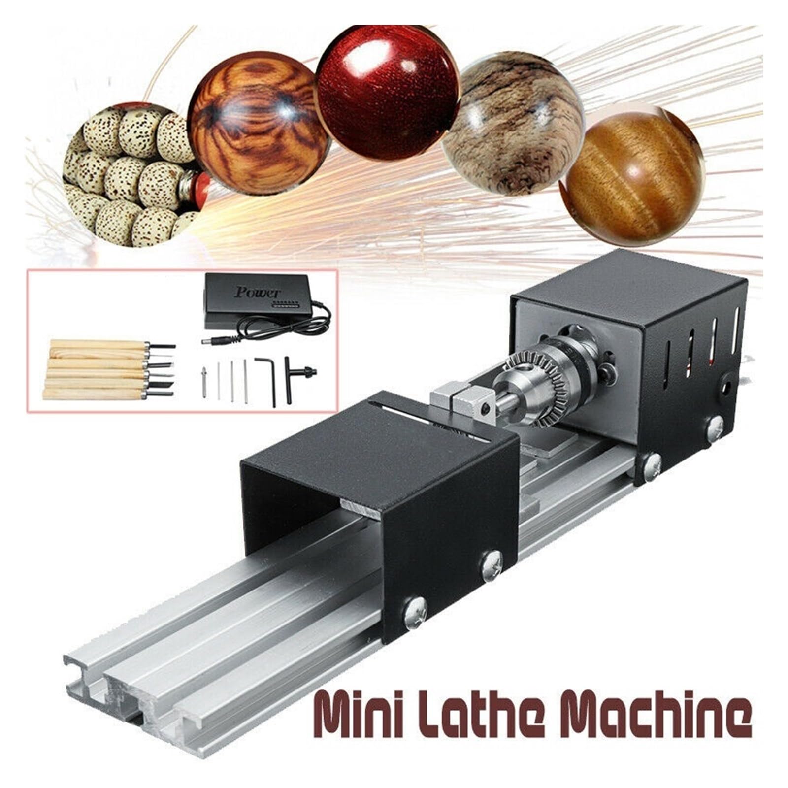 200W Mini Tokarka Koraliki Maszyna Do Obróbki Drewna DIY Tokarka Polerowanie Zestaw Wierteł Z Adapterem Frez Rzeźbiarski Tokarka Do Drewna I Wysoka Precyzja, Stabilność, Niski Poziom HałAsu(Black)