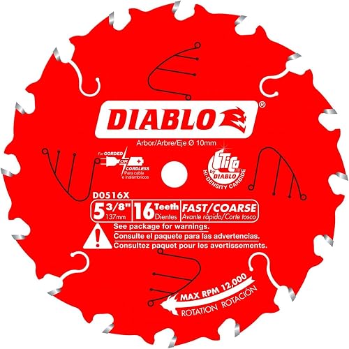 Diablo Fast Framing Trim Saw Blade - 5-3/8" Diameter, 16 ATB Teeth | 10mm Arbor, .049" Kerf, 12000 Max RPM - For Wood Cutting - TiCo Hi-Density Carbide, Non-Stick Perma-Shield Coating - D0516X