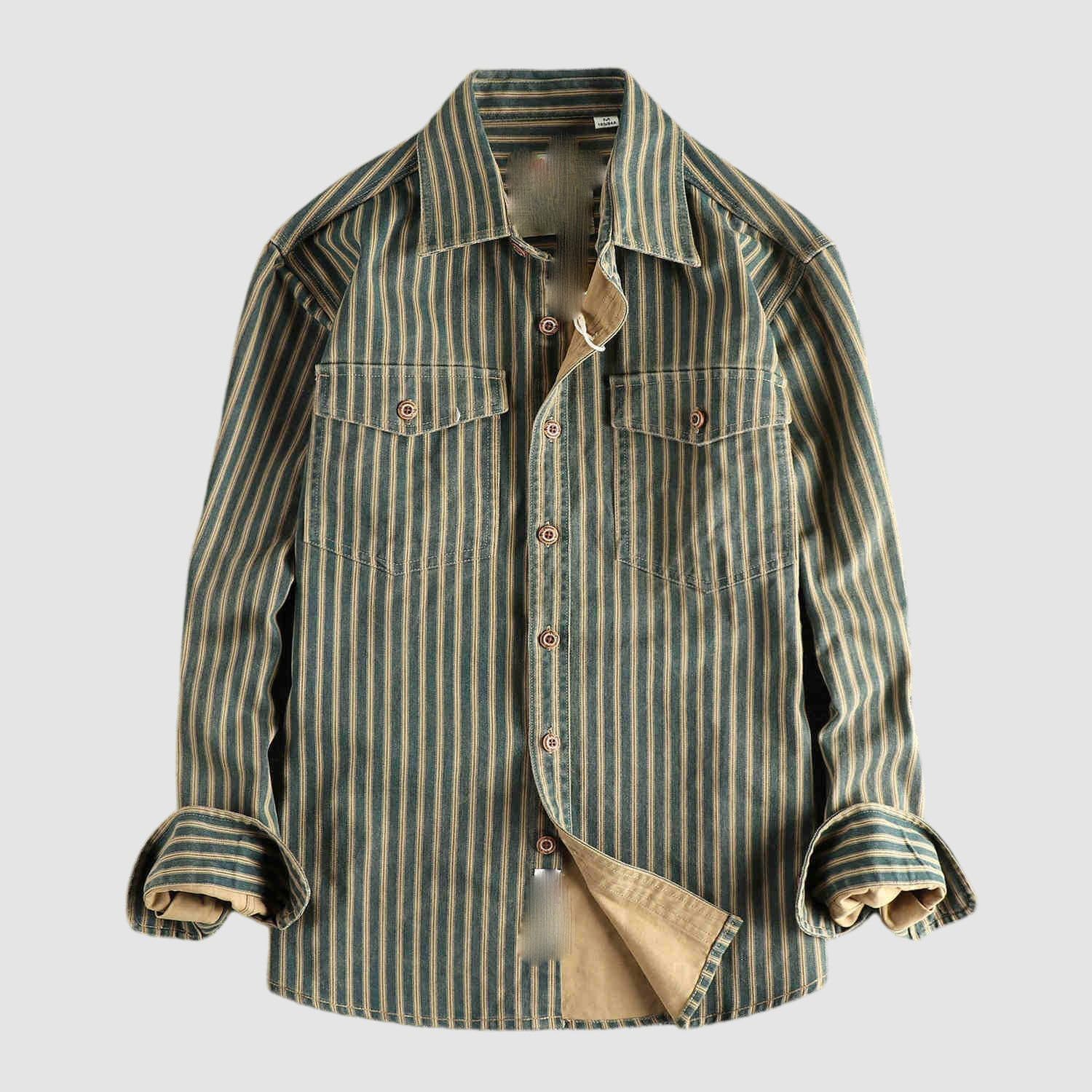Men's Cotton Striped Vintage Long Sleeve Work Shirt Relaxed Fit Washed Durable