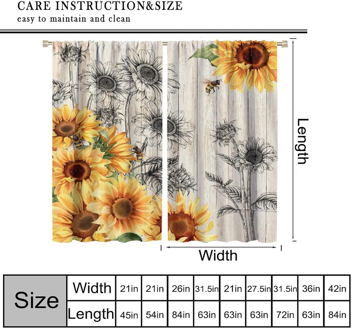 Sunflower Curtains Country Farmhouse Vintage Floral Bees Wooden Board Art Printed Blackout Window Drapes for Bedroom Kitchen Decor Fabric Set 2 Panel 42x45 Inch 80% Shading Rate