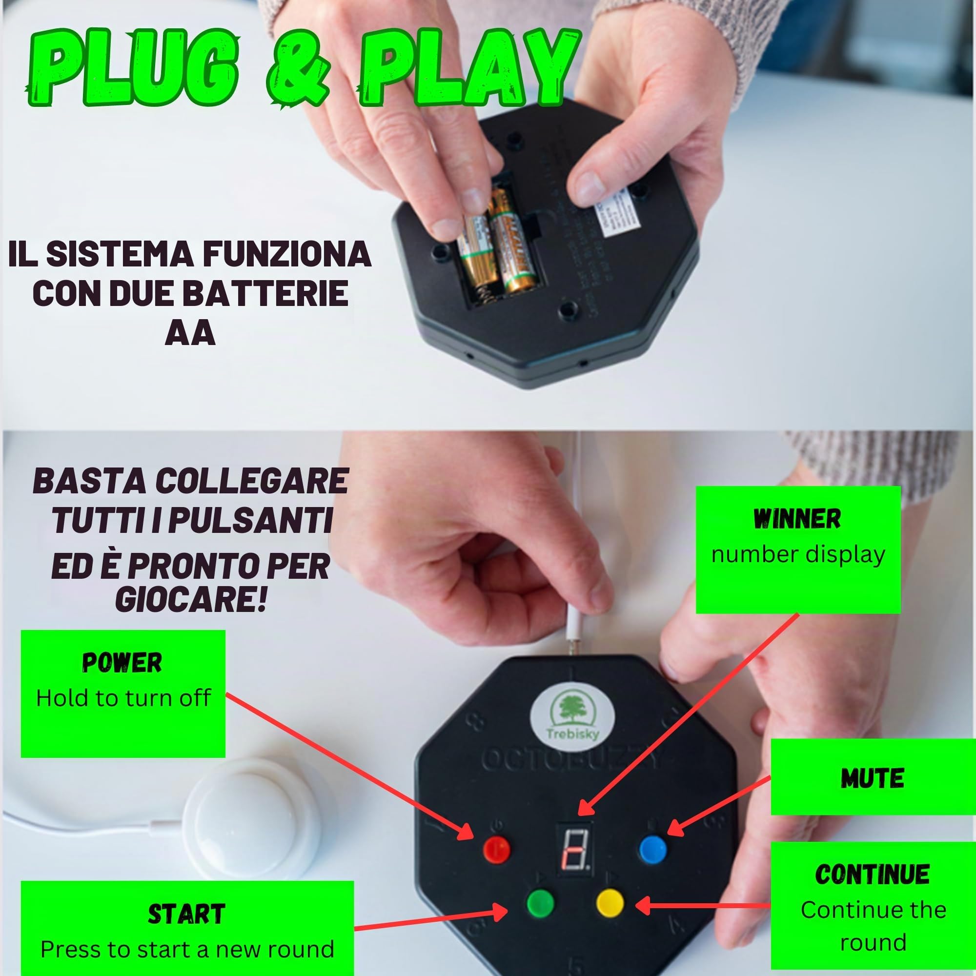 Trebisky Buzzer del gioco di risposta al quizSistema autonomo con pulsanti luminosi a LED Cavi da 3 piedi per 8 giocatori (sistema di seconda generazione)