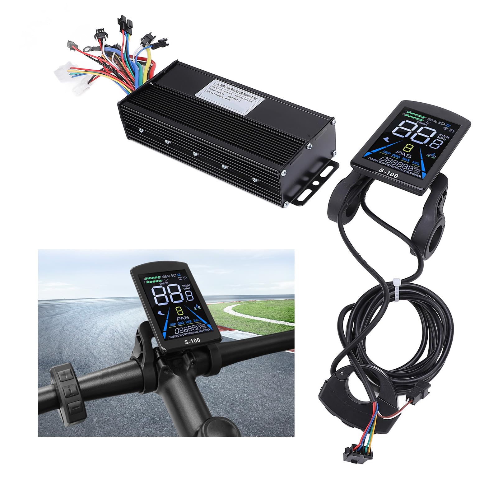 BuyWeek Zestaw kontrolera silnika roweru elektrycznego, 36 V, 48 V, 1500 W, 2000 W, 40 A, 3-trybowy sterownik fali sinusoidalnej, S-100, wyświetlacz LCD do skutera