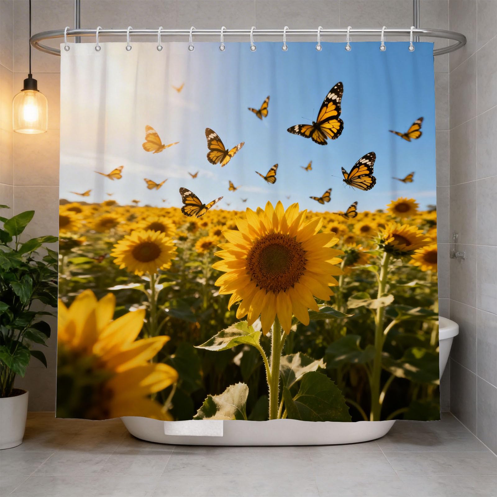 Hongduo White 3D Sunflower Field Shower Curtain For Stalls Bathtubs Summer Landscape Bathroom Decor Shower Curtain Set Polyester Fabric Waterproof 200X200cm/79X79 Inch With Hooks