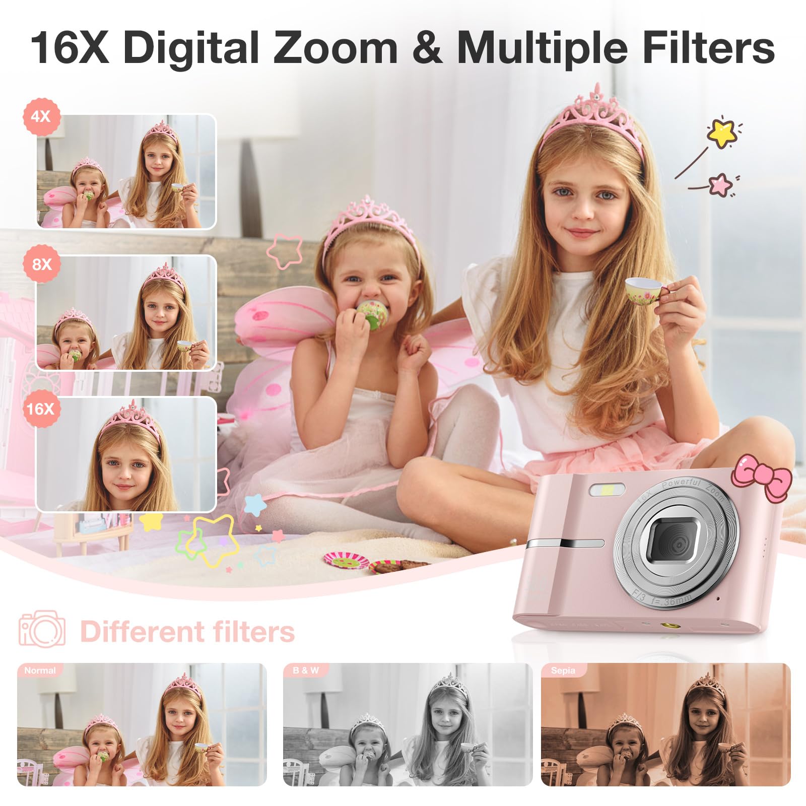 Hlieeosfcn Digital Camera, 1080P FHD 50MP Kids Digital Camera with 32G TF Card, Auto Focus Point timed shooting feature Rechargeable Compact Camera with 16X Digital Zoom Camera - Image 4