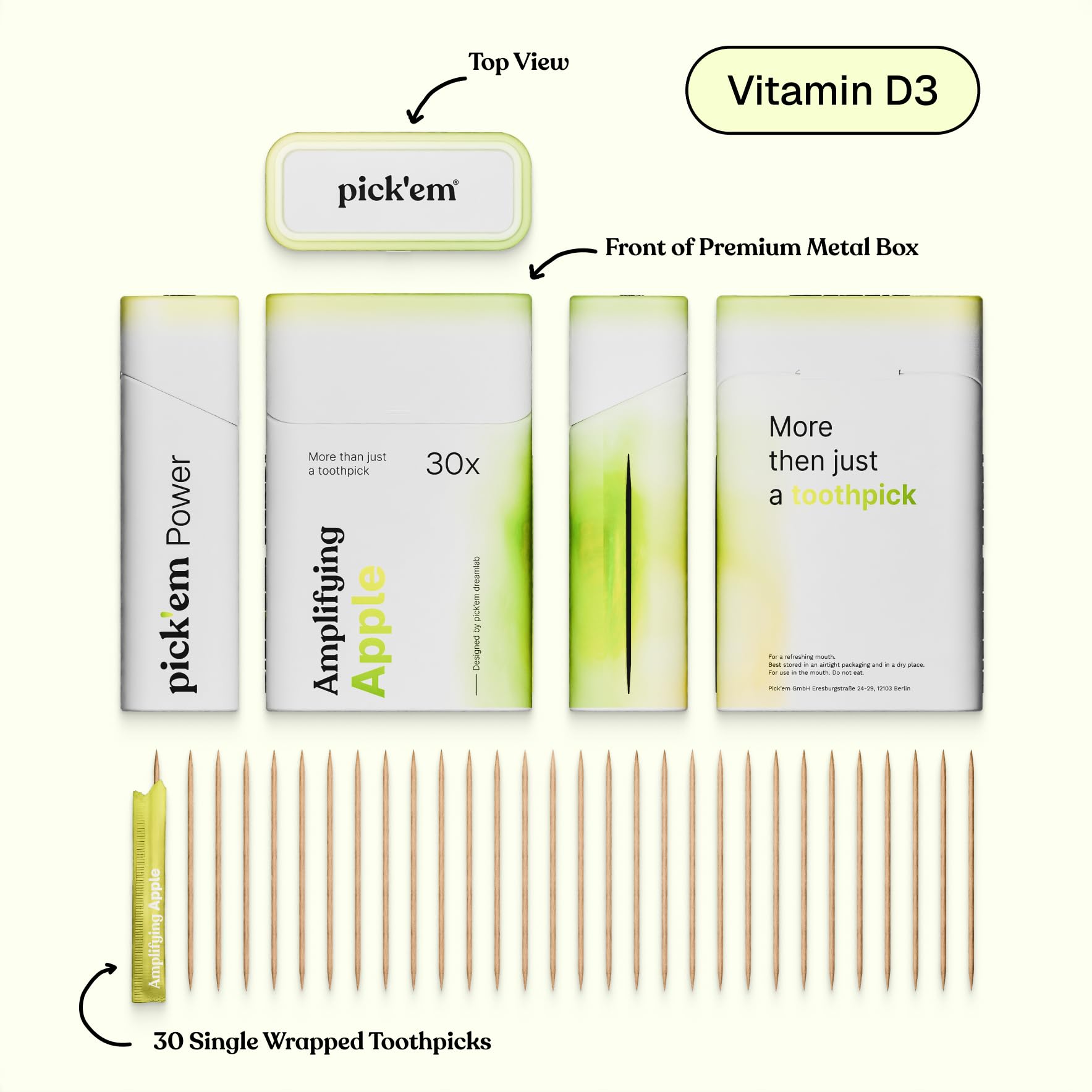 pick'em Powerline Pro Bundle - Palillos de dientes con sabor a vitaminas (200 palillos aromatizados + estuche) - La alternativa de estilo de vida al chicle (Pro Bundle) - Palillos de dientes con sabor
