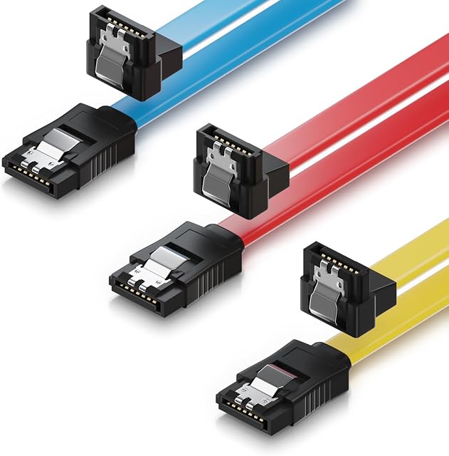 deleyCON 3x 0.5m (1.64 ft.) SATA III Cable S-ATA 3 Data Cable HDD SSD Connection Cable Metal Clip 6GBit/s 1x Straight 1x 90° L-Type Connectors - Yellow/Red/Blue