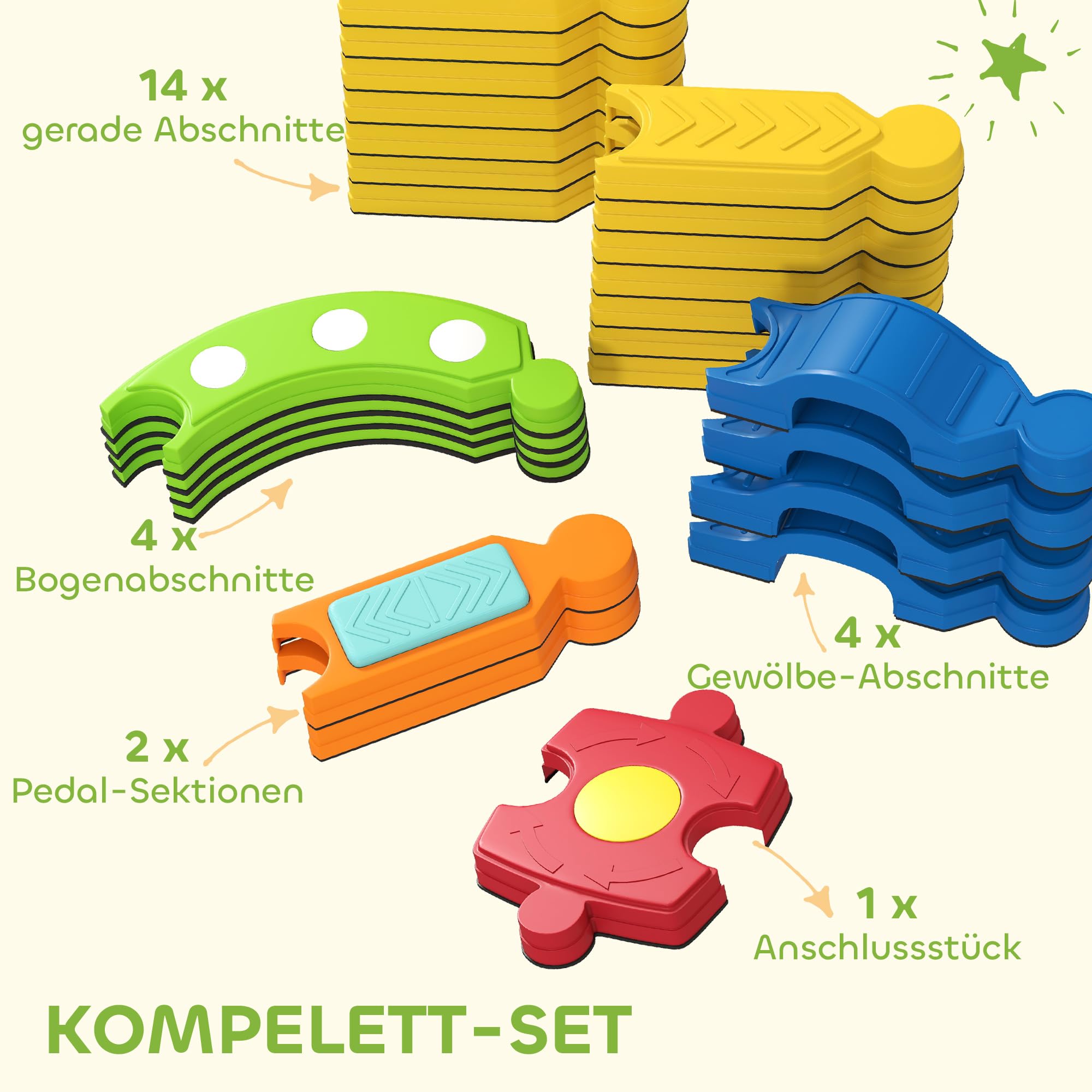AIYAPLAY Balancierbalken Kinder Schwebebalken mit 25 Balanciersteine frei kombinierbar Montessori-Spielzeug mit rutschfester Oberfläche für Kinder von 3-8 Jahren, für Drinnen Draußen für Koordination